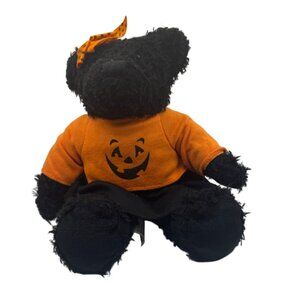 Hallmark Halloween Black Teddy Bear Plush With Orange Pumpkin Shirt & Bow